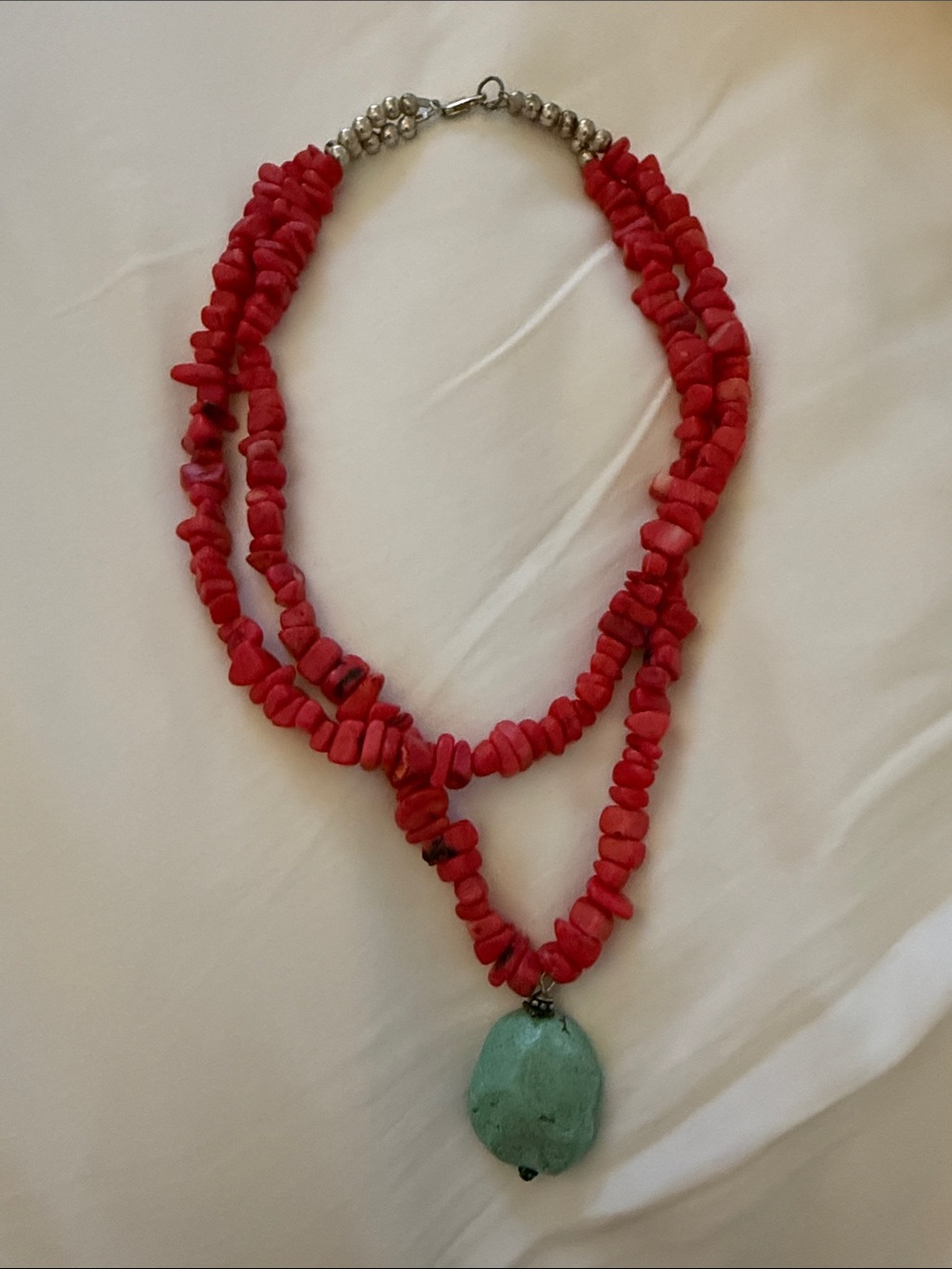 🪸Red Coral Double-Strand Necklace with Turquoise Pendant🪸